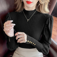 Slim Bubble Sleeve Semi-Turtleneck Pullover