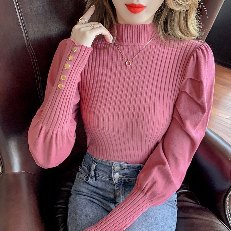 Slim Bubble Sleeve Semi-Turtleneck Pullover