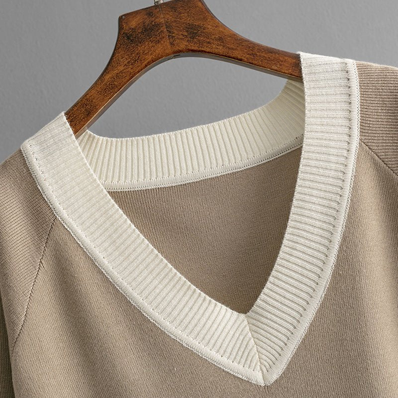 Contrast V-Neck Sweater & Wide Pants Set