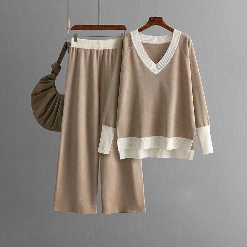 Contrast V-Neck Sweater & Wide Pants Set