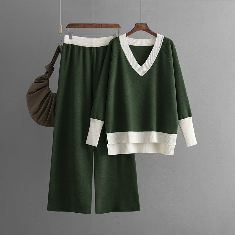 Contrast V-Neck Sweater & Wide Pants Set