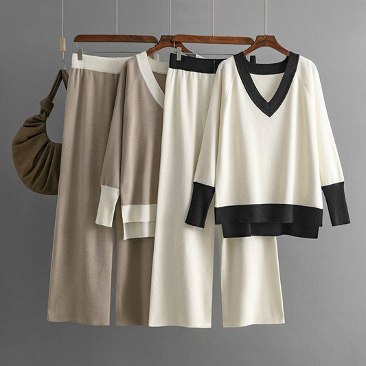 Contrast V-Neck Sweater & Wide Pants Set