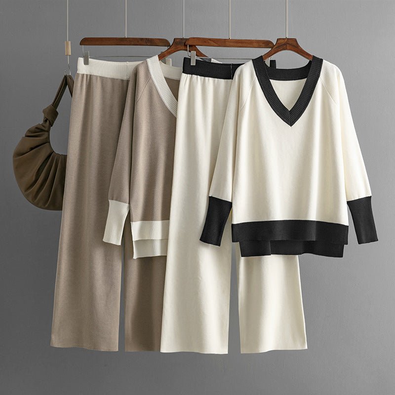 Contrast V-Neck Sweater & Wide Pants Set