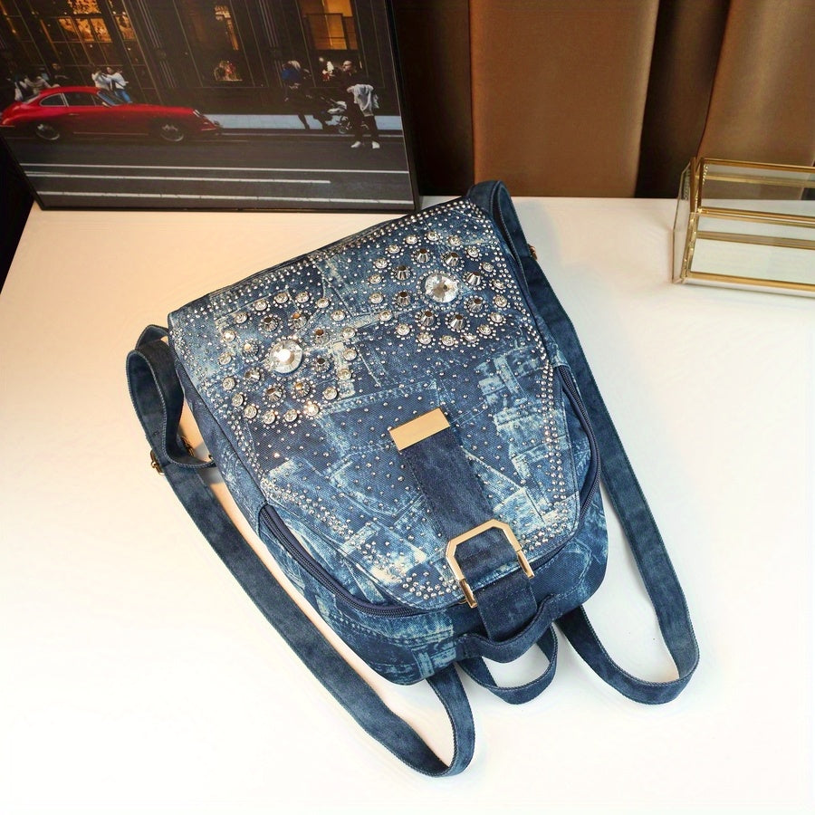 Mini Denim Backpack | Rhinestone Sunflower Embellished