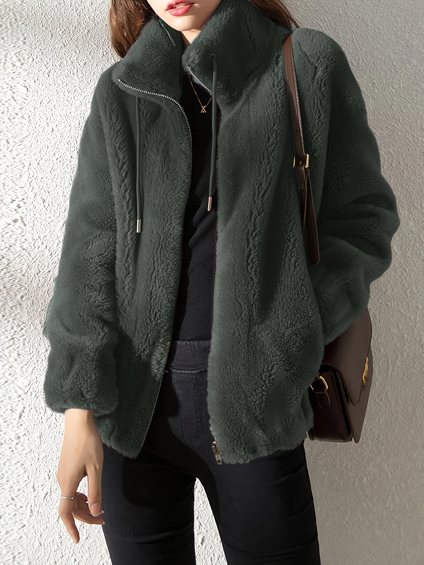 Solid Color Plush Zip-Up Knit Warm Casual Coat