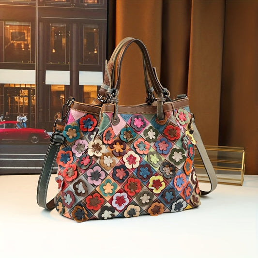 Multicolor Floral Leather Tote Bag with Detachable Strap
