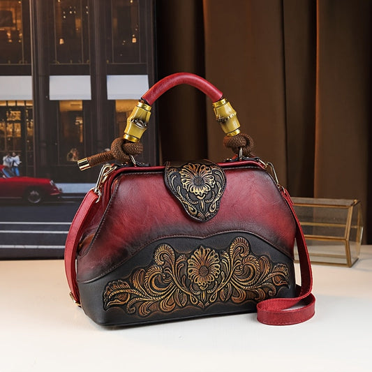 Vintage Floral Embossed Handbag with Adjustable Strap