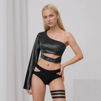 Black Collarless PU Jacket