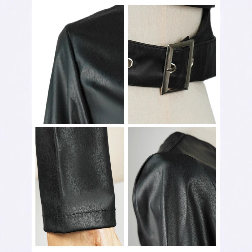 Black Collarless PU Jacket