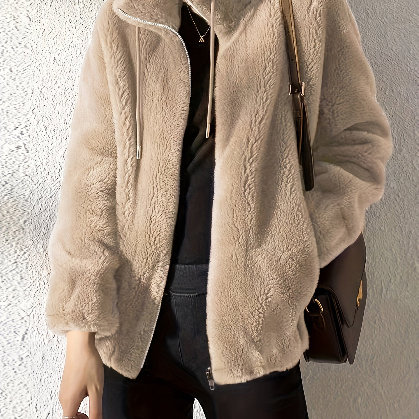 Solid Color Plush Zip-Up Knit Warm Casual Coat