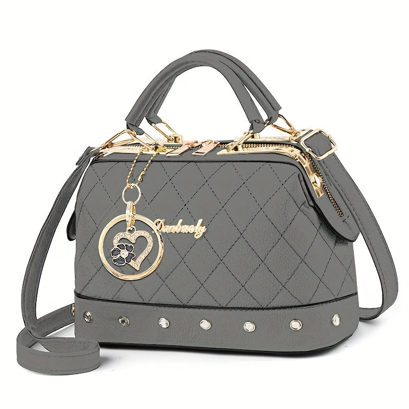 Black Quilted Boston Bag with Heart Charm