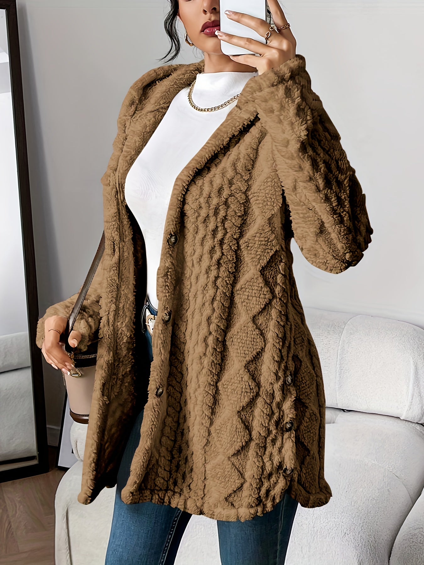 Warm Argyle Jacquard Plush Hooded Cardigan Coat
