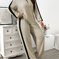 Lapel Collar Zipper Top and Wide-Leg Pants Set