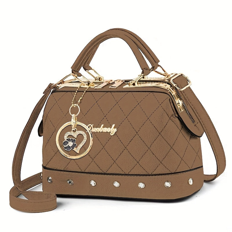 Black Quilted Boston Bag with Heart Charm