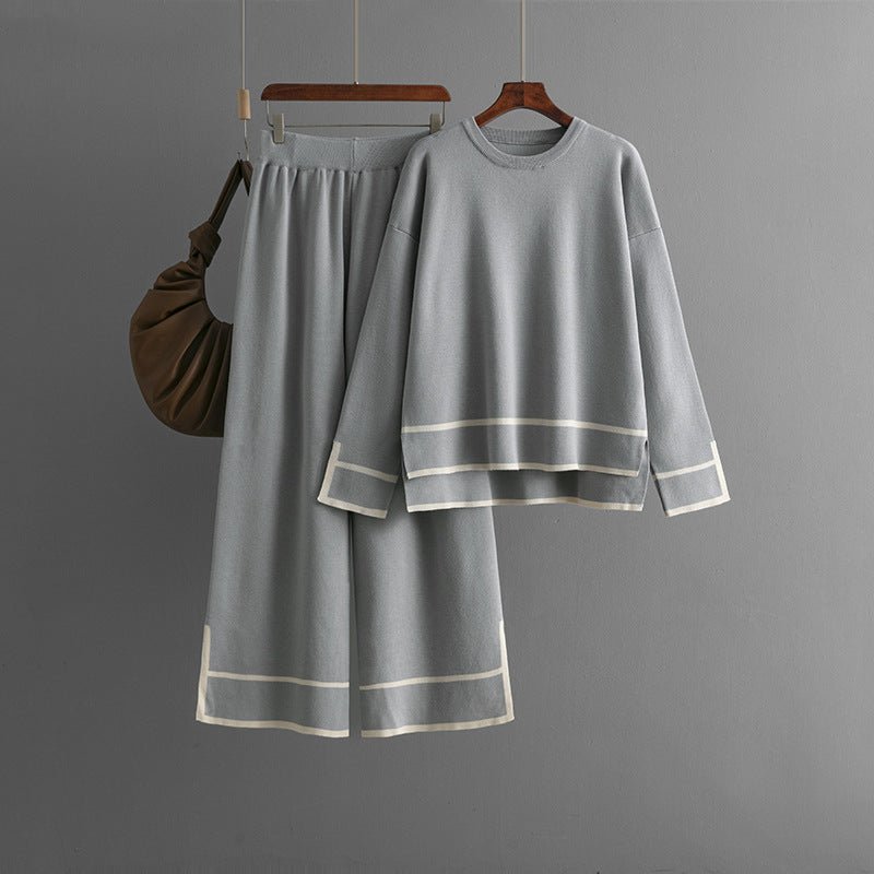 Contrast Slit Sweater & Wide-Leg Pants Set