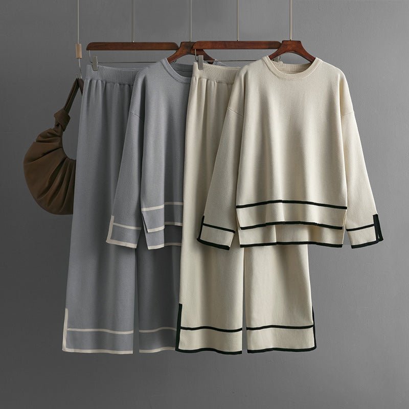 Contrast Slit Sweater & Wide-Leg Pants Set