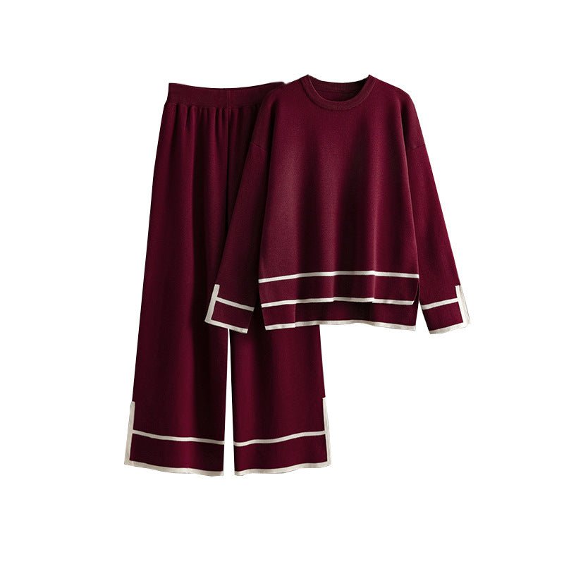 Contrast Slit Sweater & Wide-Leg Pants Set