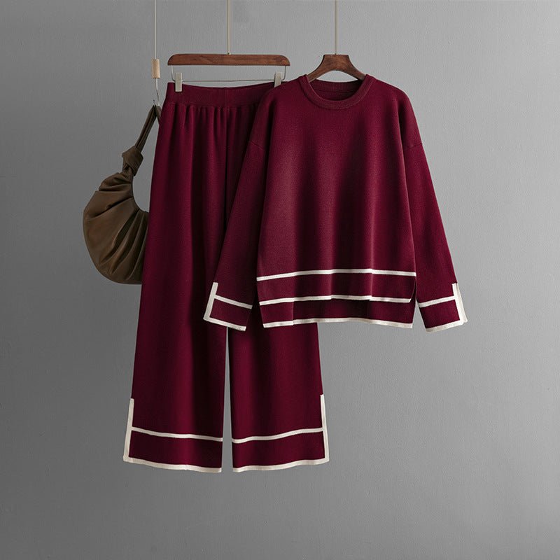 Contrast Slit Sweater & Wide-Leg Pants Set