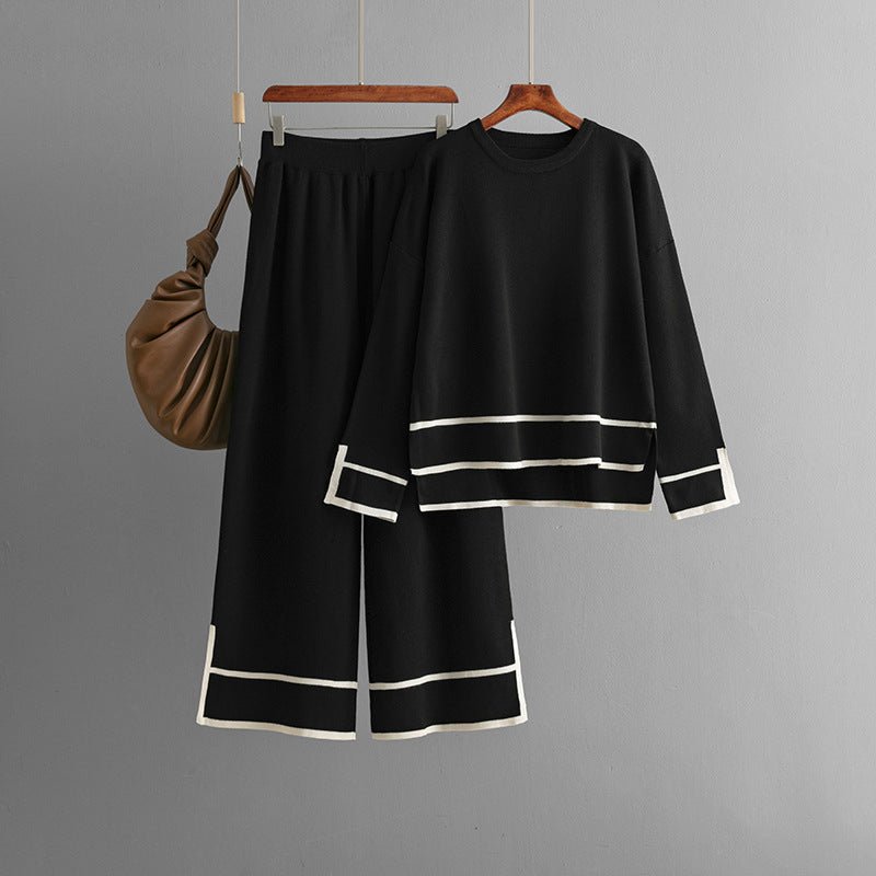 Contrast Slit Sweater & Wide-Leg Pants Set