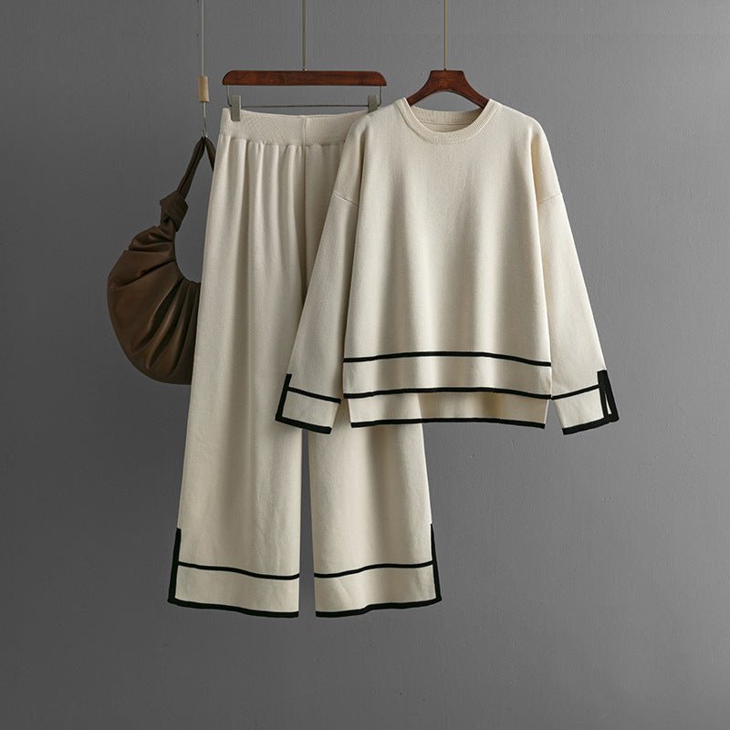 Contrast Slit Sweater & Wide-Leg Pants Set