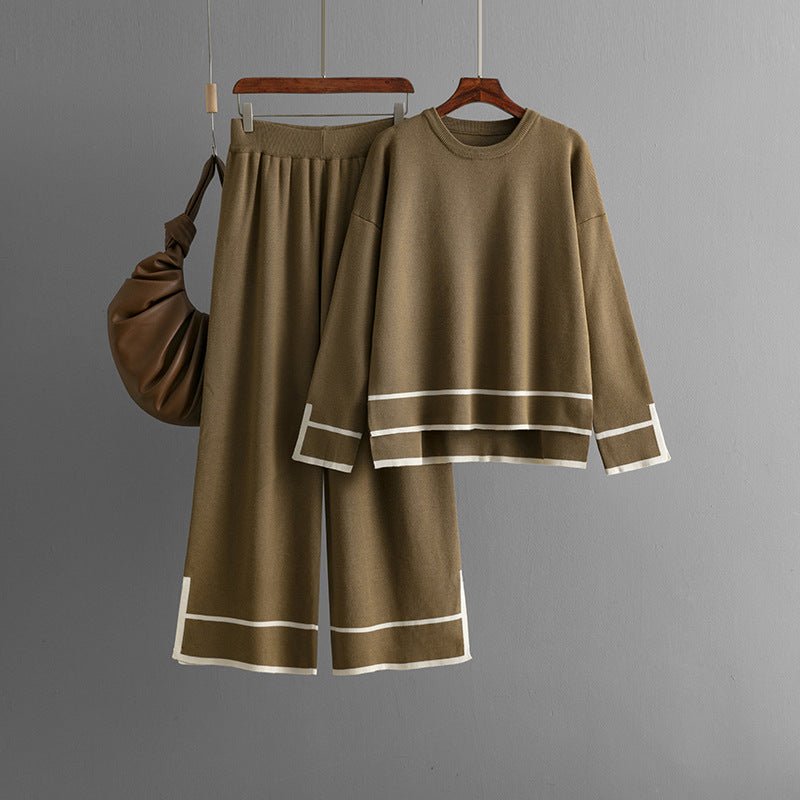 Contrast Slit Sweater & Wide-Leg Pants Set