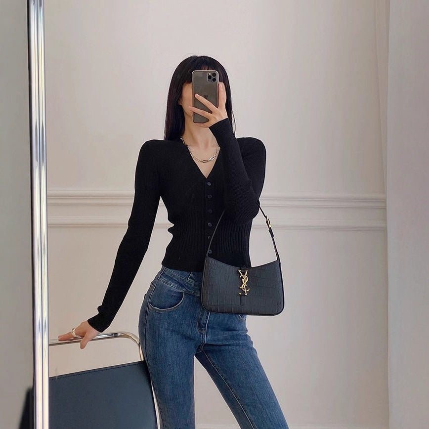 Slim V-Neck Single-Breasted Cardigan