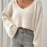 Cropped Loose Ribbed V-Neck Sweater