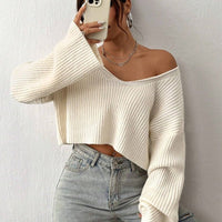 Cropped Loose Ribbed V-Neck Sweater