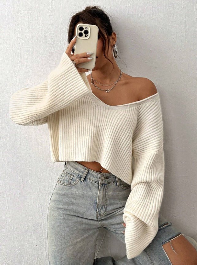 Cropped Loose Ribbed V-Neck Sweater