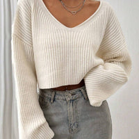 Cropped Loose Ribbed V-Neck Sweater