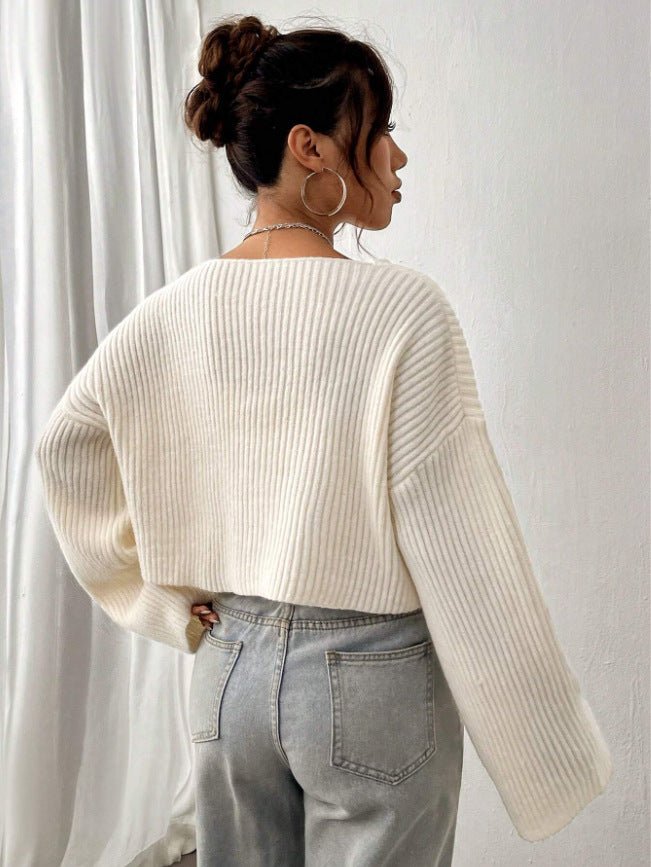 Cropped Loose Ribbed V-Neck Sweater