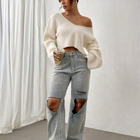 Cropped Loose Ribbed V-Neck Sweater