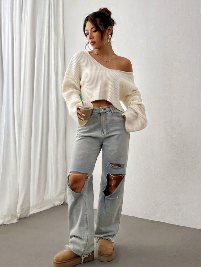 Cropped Loose Ribbed V-Neck Sweater