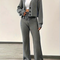 Knit V-Neck Cardigan & Wide Leg Pants Set - Casual Tracksuit