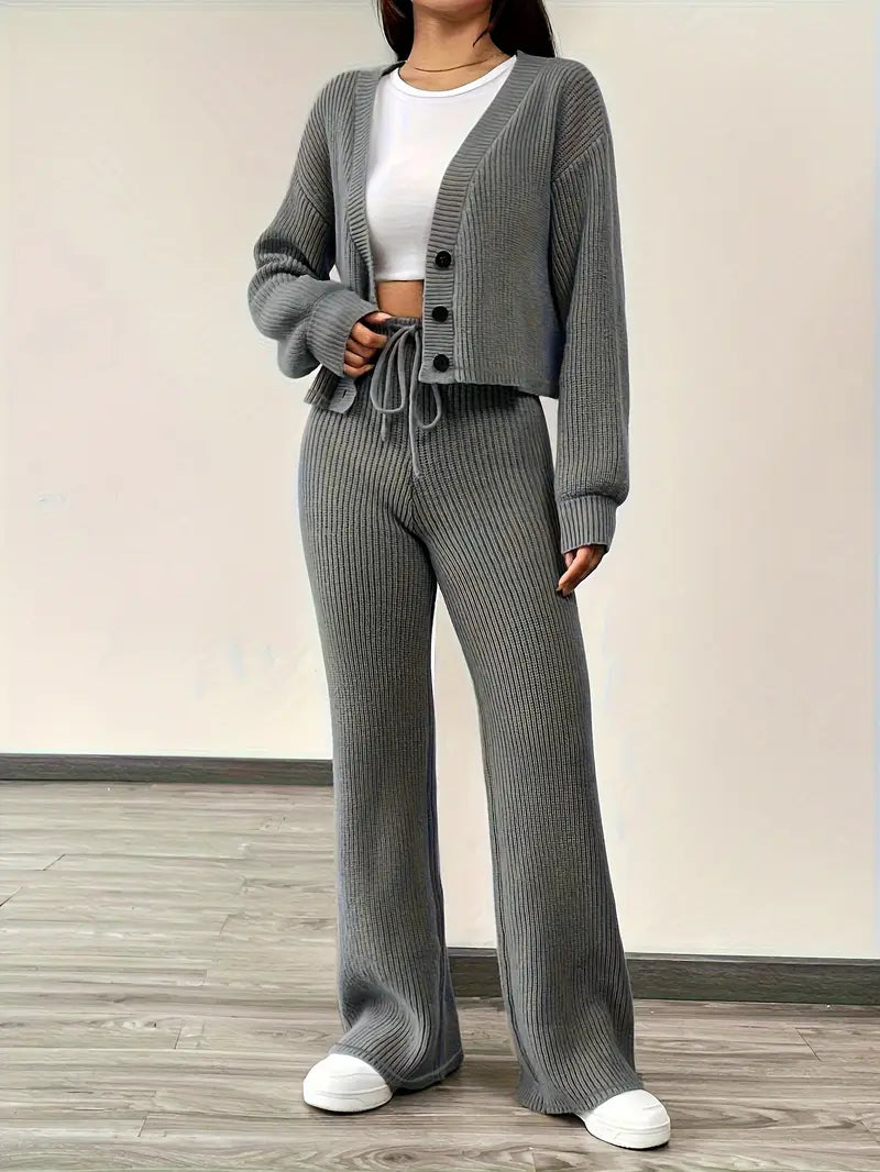 Knit V-Neck Cardigan & Wide Leg Pants Set - Casual Tracksuit