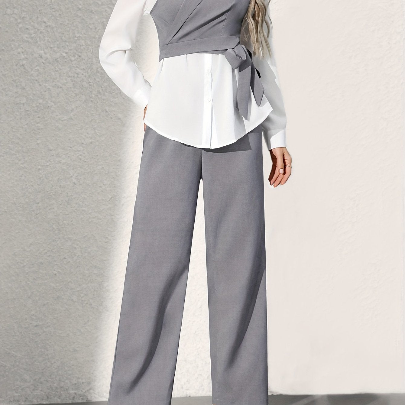 Solid Lapel Collar Pants Suit Set