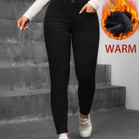 Fleece Lined High Waist Skinny Jeans - High Stretch Button Fly