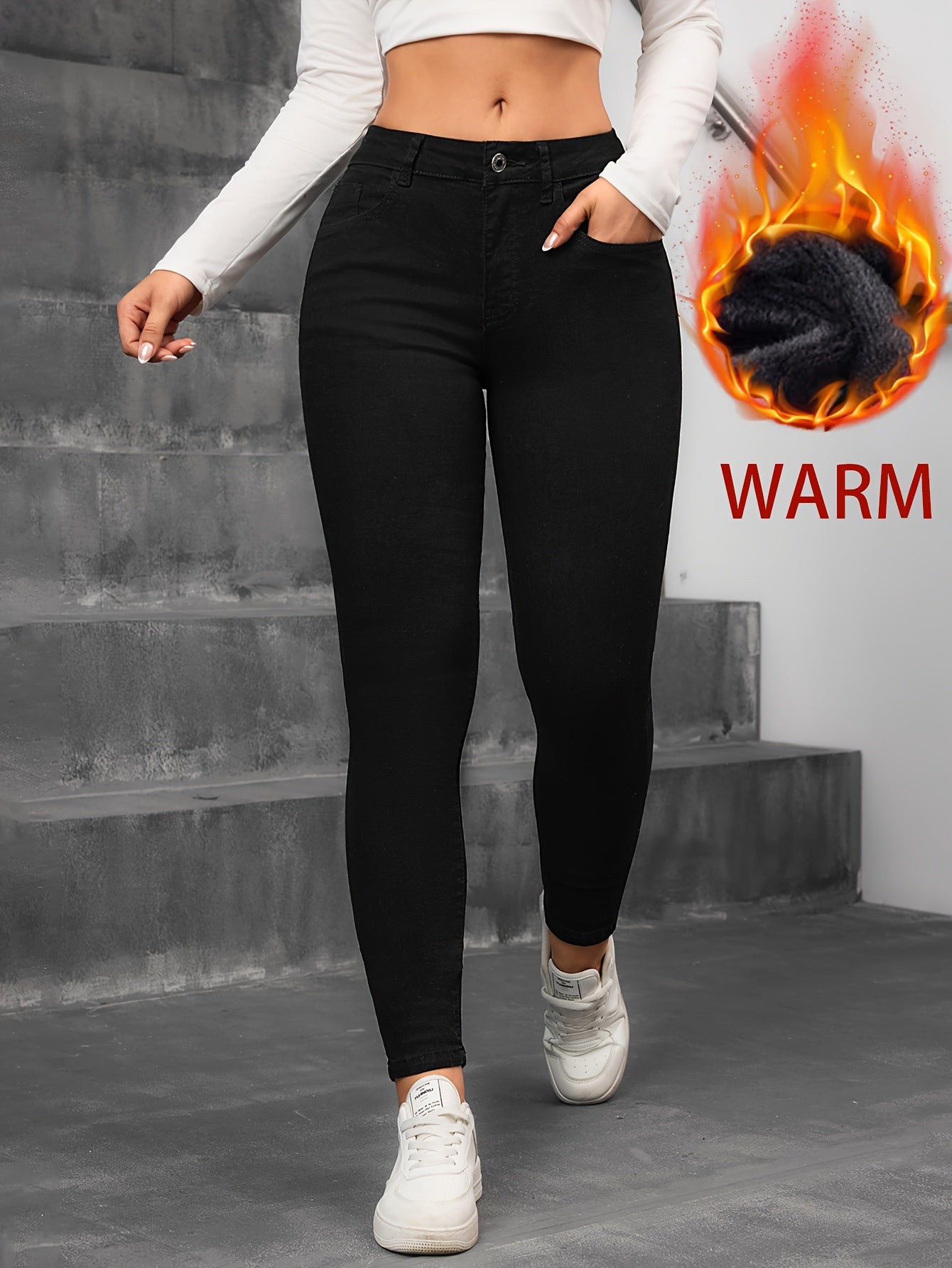 Fleece Lined High Waist Skinny Jeans - High Stretch Button Fly