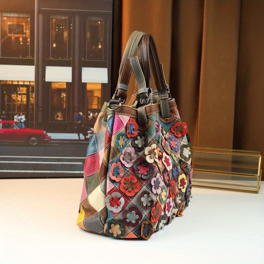 Multicolor Floral Leather Tote Bag with Detachable Strap