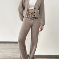Knit V-Neck Cardigan & Wide Leg Pants Set - Casual Tracksuit