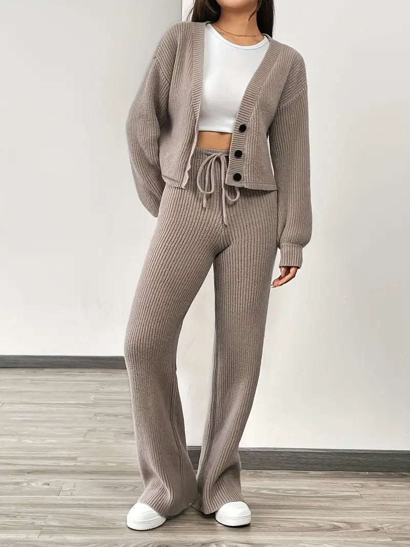 Knit V-Neck Cardigan & Wide Leg Pants Set - Casual Tracksuit
