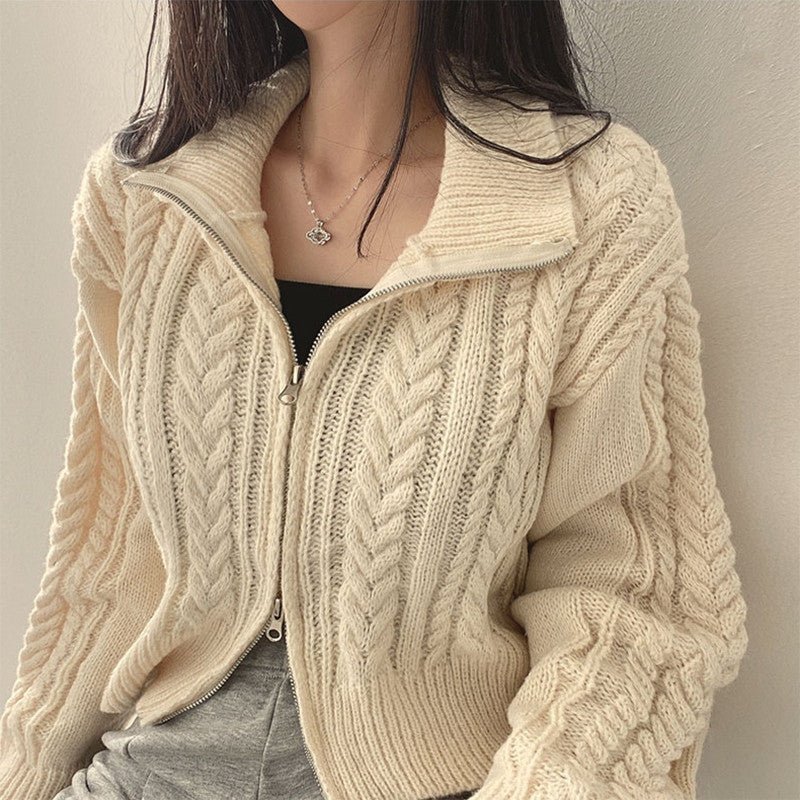 Double Zipper Twist Knit Cardigan