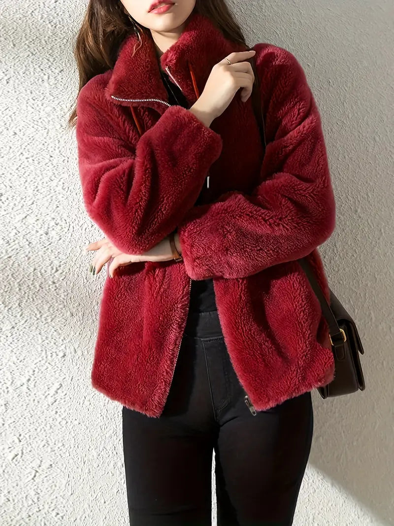Solid Color Plush Zip-Up Knit Warm Casual Coat