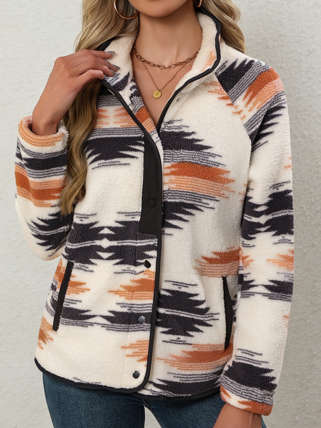Women's Tribal Aztec Print Button-Front Jacket - Non-Bulky Winter Coat