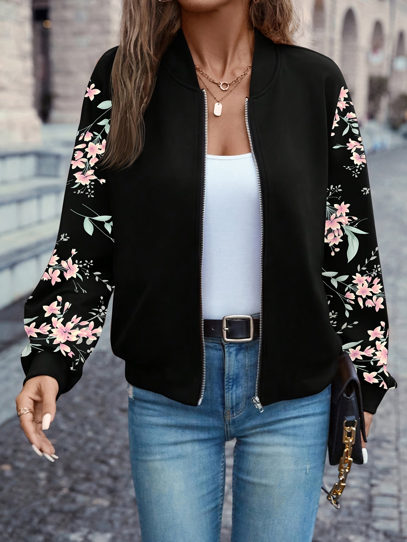 Elegant Floral Print Zip-Up Jacket | Baseball Collar