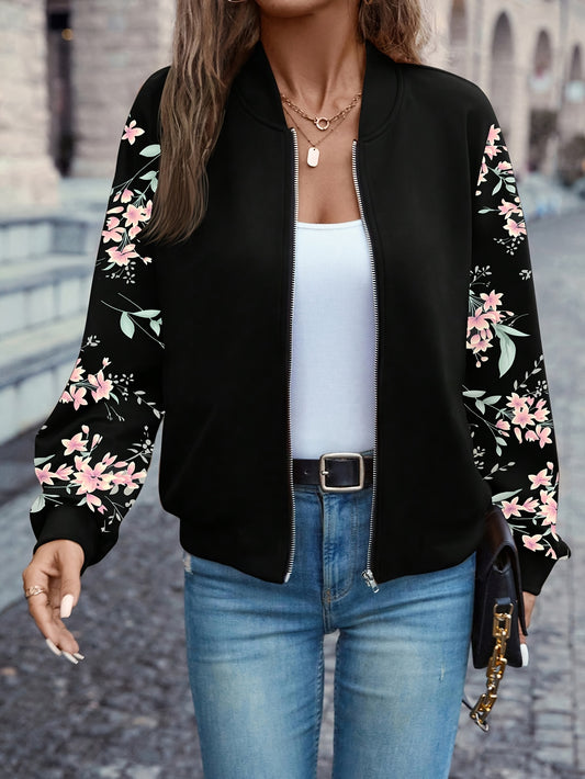 Elegant Floral Print Zip-Up Jacket | Baseball Collar