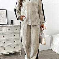 Lapel Collar Zipper Top and Wide-Leg Pants Set