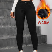 Fleece Lined High Waist Skinny Jeans - High Stretch Button Fly