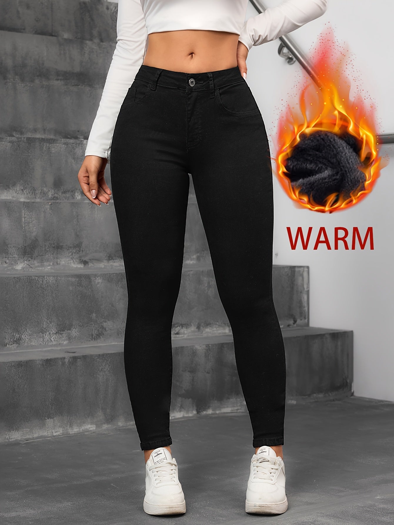 Fleece Lined High Waist Skinny Jeans - High Stretch Button Fly