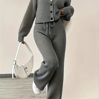 Knit V-Neck Cardigan & Wide Leg Pants Set - Casual Tracksuit